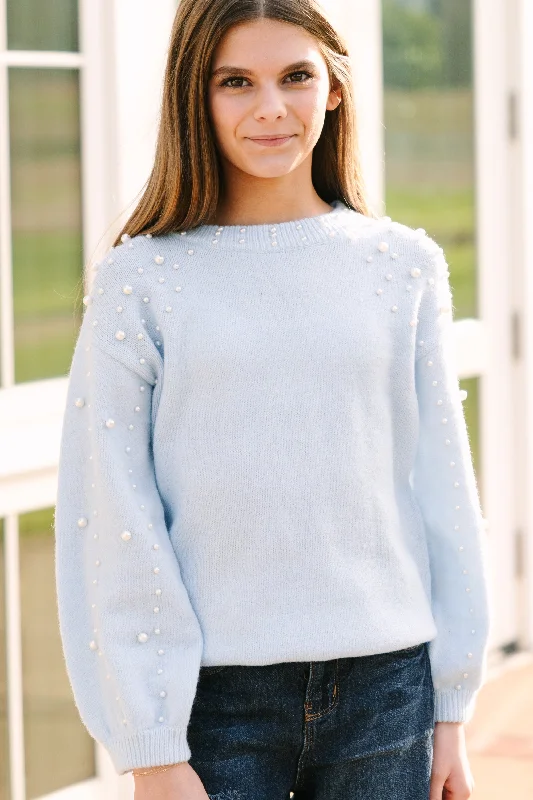 Girls: Can't Help But Love Light Blue Pearl Studded SweaterEmbroidered Knit Tops