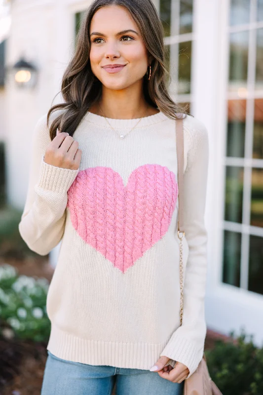 All For Love Oatmeal and Pink Heart SweaterPerformance Knit Tops