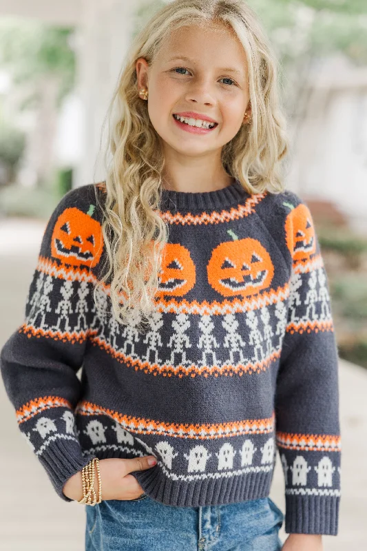 Girls: Spooky Season Charcoal Gray Halloween SweaterSummer Knit Tops