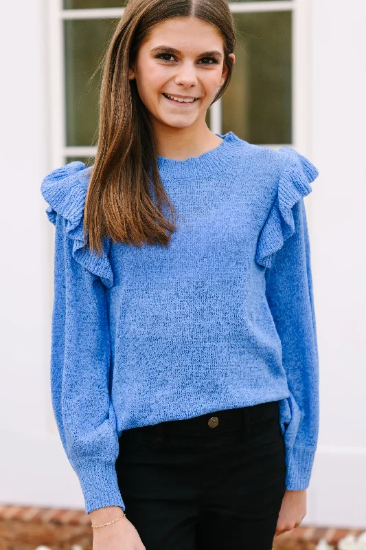 Girls: Give Me A Call Blue Ruffled SweaterRibbed Knit Tops