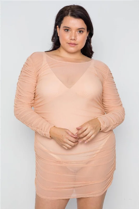 Empire Waist DressJunior Plus Size Nude Sheer Mesh Ruched Mini Dress /2-2-2