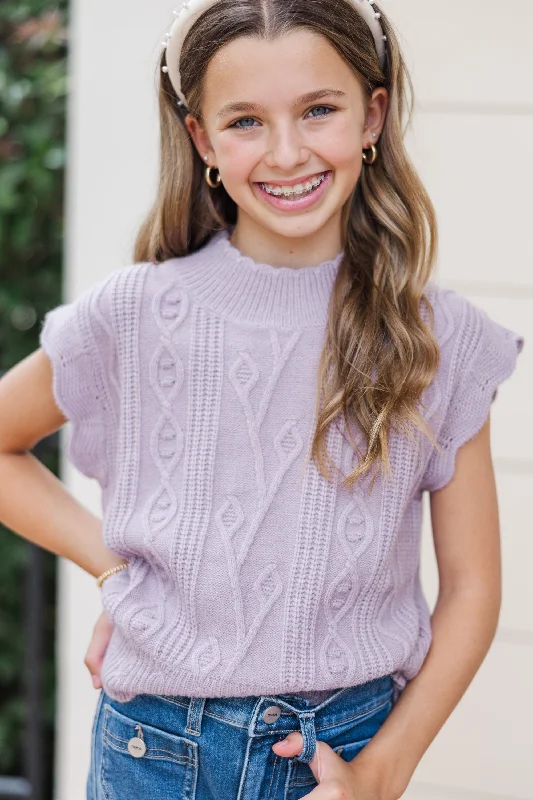 Girls: Get It Going Lavender Purple Cable Knit Sweater TopEmbellished Knit Tops