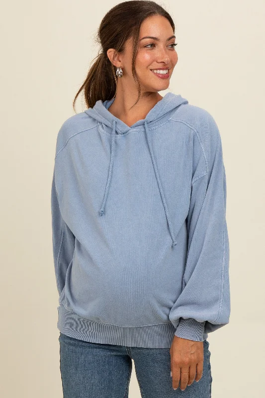 Plush HoodiesBlue Vintage Wash Oversized Maternity Drawstring Hoodie