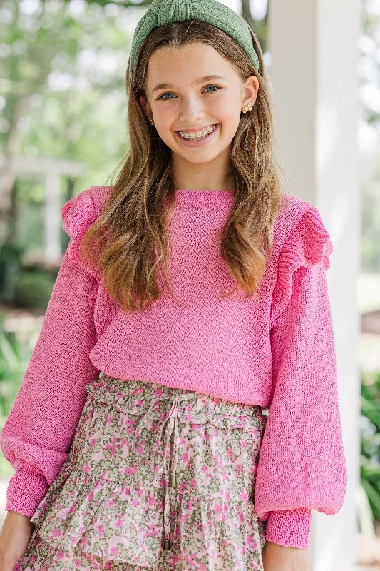 Girls: Give Me A Call Pink Ruffled SweaterRibbed Cuff Knit Tops