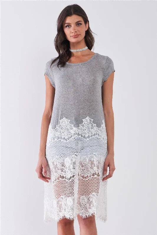 Cocktail DressHeather Grey & White Sheer Crochet Mesh Combo Raw Hem Detail Tunic Midi Dress /1-2-2-1