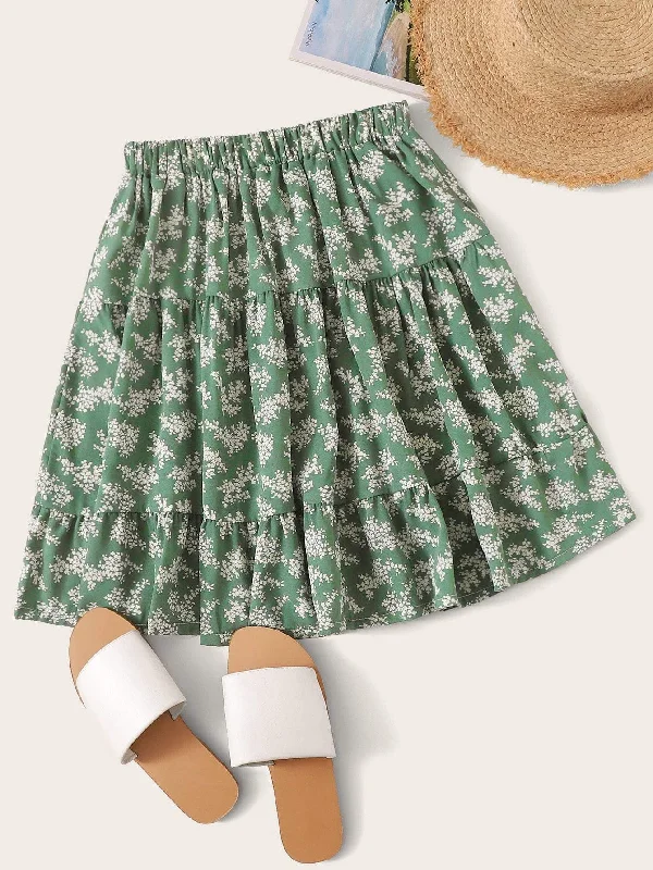 Ruffle Hem Floral Print SkirtSlit Skirt