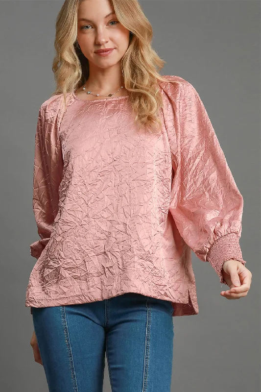 Chambray ShirtsPink Wrinkled Round Neck Lantern Sleeve Blouse