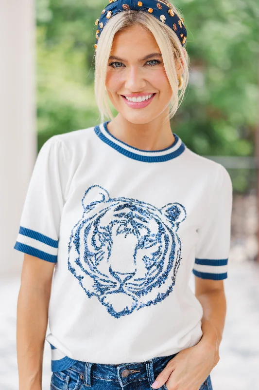 Stay In Character White/Navy Tiger SweaterRibbed Knit Tops