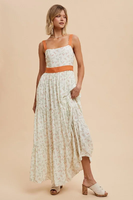 Retro DressOrange Floral Contrast Sash Tie Maxi Dress