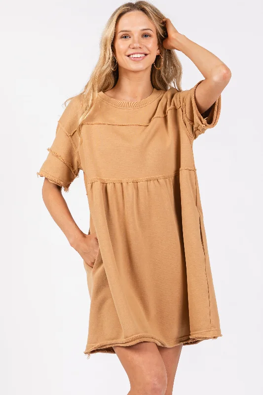 Long-sleeve DressCamel Raw Hem Short Sleeve Dress