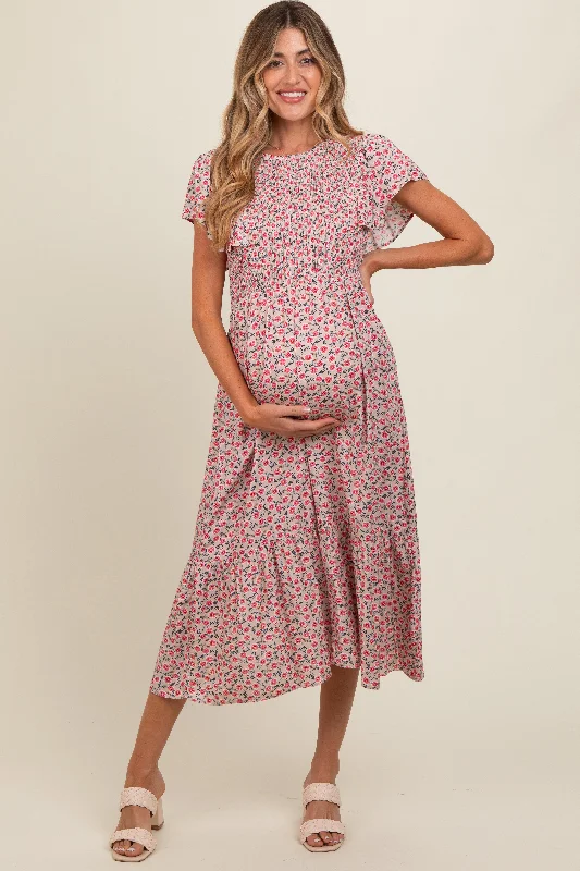 Prom DressBeige Floral Smocked Maternity Midi Dress