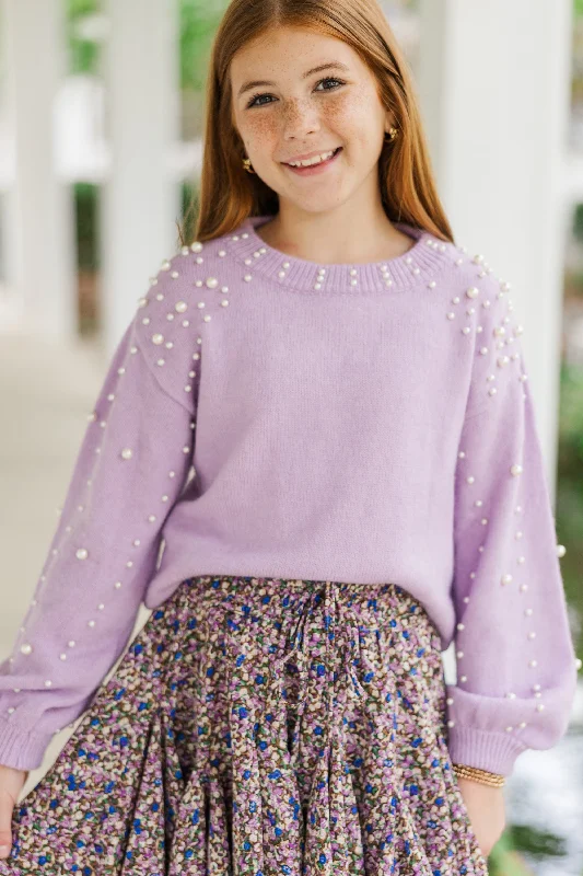 Girls: Can't Help But Love Lavender Purple Pearl Studded SweaterSpring Knit Tops