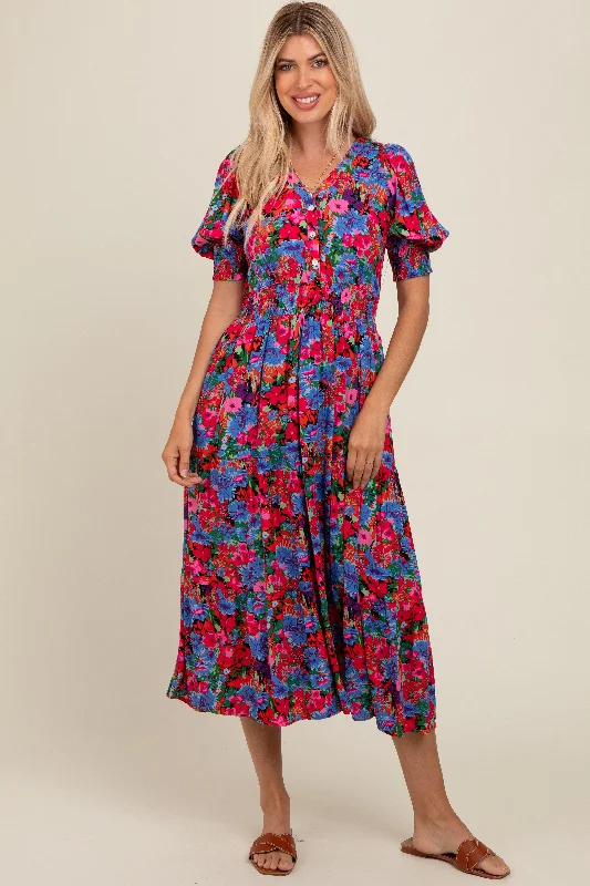 Evening DressBlue Floral Smocked Waist Midi Dress