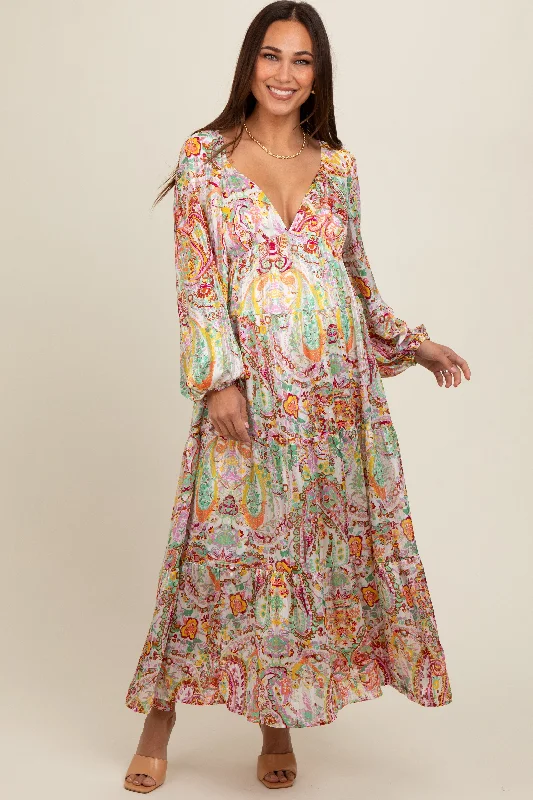 Casual DressMulti-Color Floral Metallic Striped Tiered Long Puff Sleeve Maternity Maxi Dress