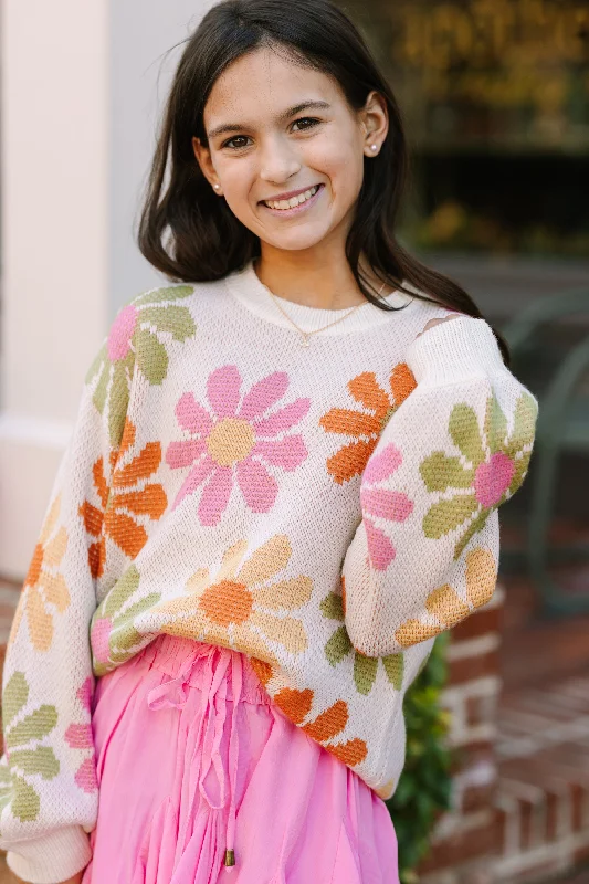 Girls: Feeling Inspired Cream White Floral SweaterPocketed Knit Tops