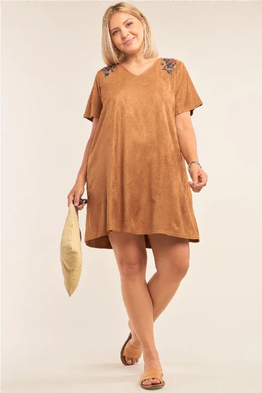 Opaque DressJunior Plus Size Camel Suede Floral Print Detail Relaxed Fit V-Neck Mini Dress /2-2-2