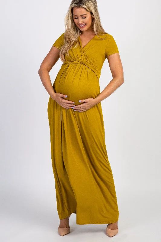 Sheath DressMustard Draped Maternity/Nursing Maxi Dress