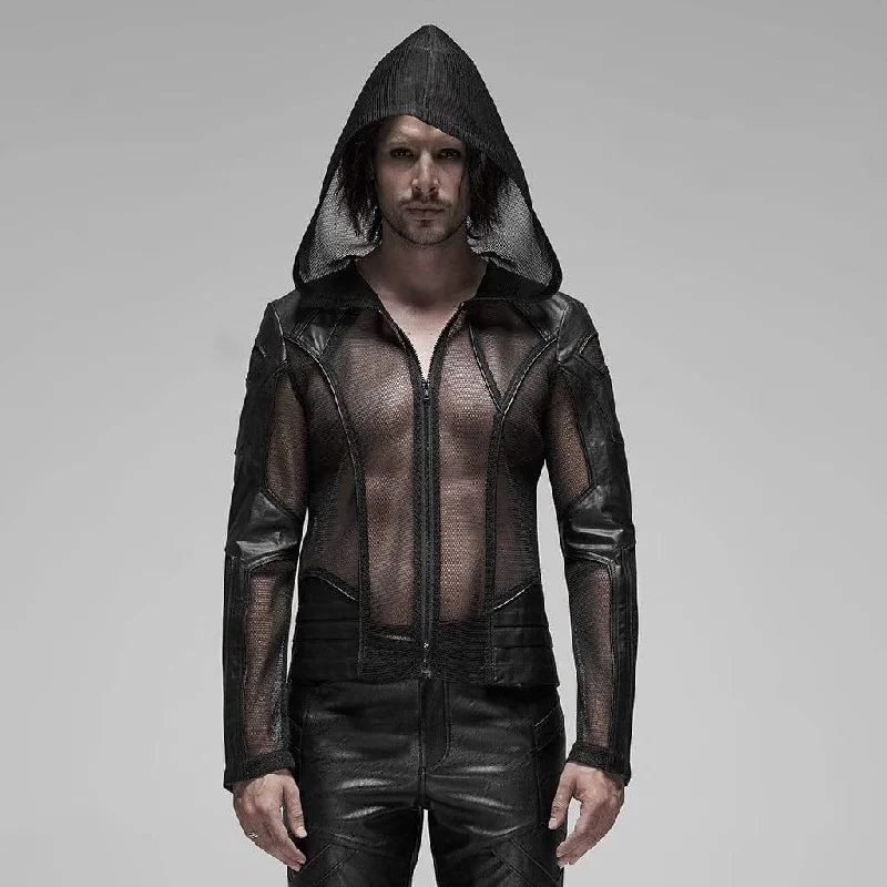 Ribbed Cuff HoodiesMen's Punk Sheer Mesh Hooded Coats