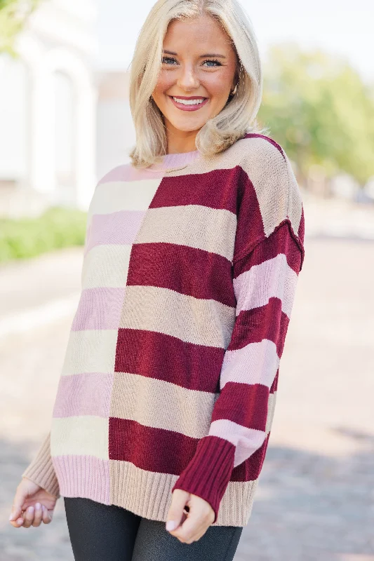 All About You Burgundy Red Striped SweaterAcrylic Knit Tops