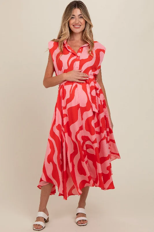 Wedding DressRed Abstract Print Collared Belted Maternity Dress