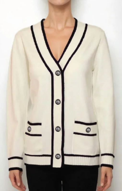 Myra Long Sleeve V-Neck Cardigan In Ivory/black