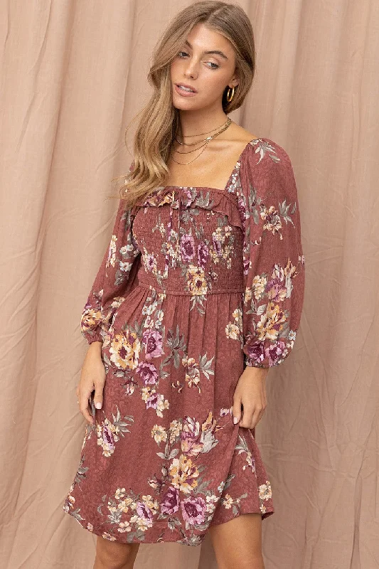 Empire Waist DressWine Jacquard Floral Print Dress