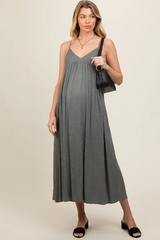 High-low DressLight Olive V-Neck Sleeveless Maternity Midi Dress