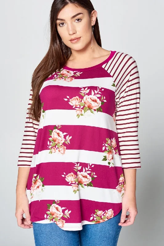 Bamboo ShirtsMagenta Floral Stripe Shirt Top