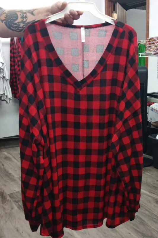 Button-Down ShirtsRed & Black Plaid Bubble Sleeve Shirt Top