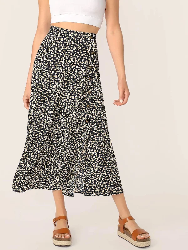 Ditsy Floral Print Button Front SkirtGaucho Skirt