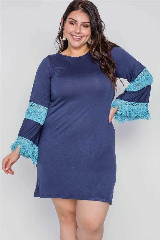 Bridal GownBoho Navy Plus Size Contrast Crochet Mini Dress