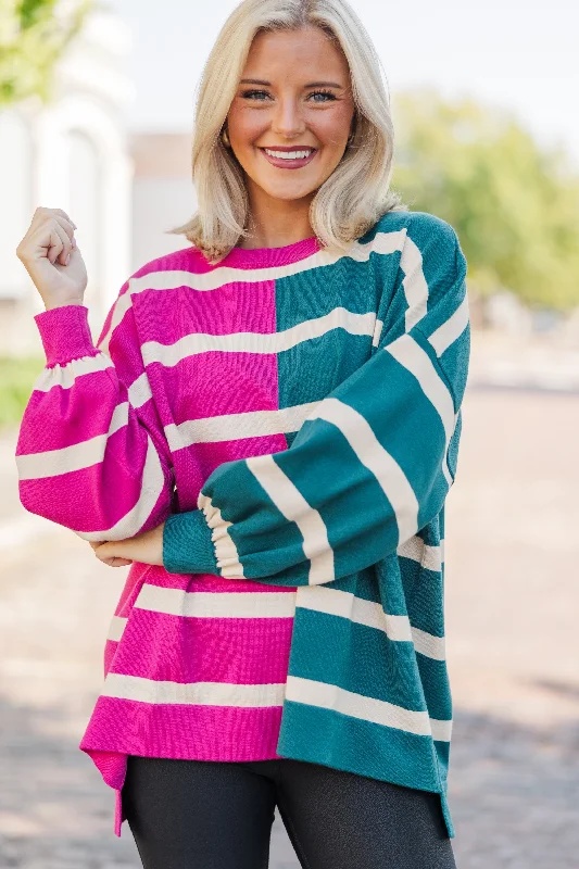 Live It Up Fuchsia/Teal Striped SweaterHiking Knit Tops