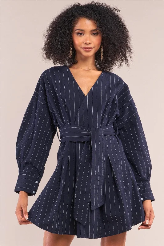 Halter DressNavy Pinstriped Long Balloon Puff Sleeve Surplice Neck Wrap Mini Shirt Dress /2-2-2