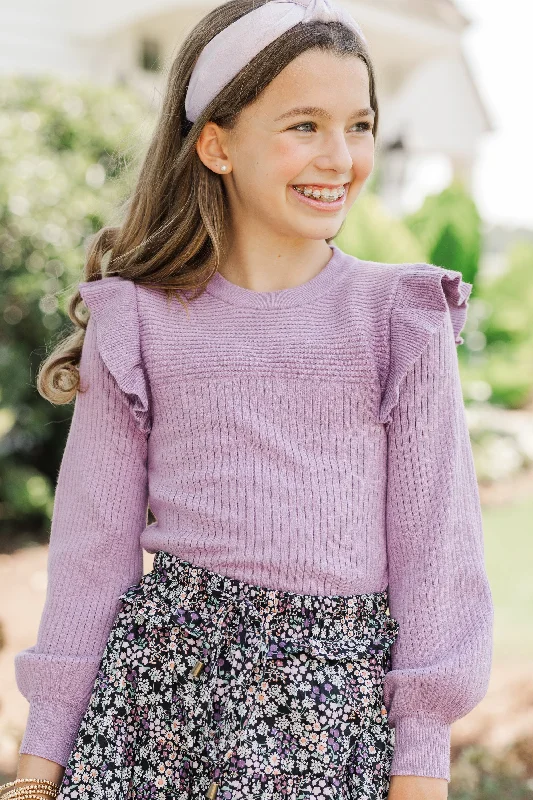 Girls: Reach Out Dusty Purple Ruffled SweaterSports Team Knit Tops