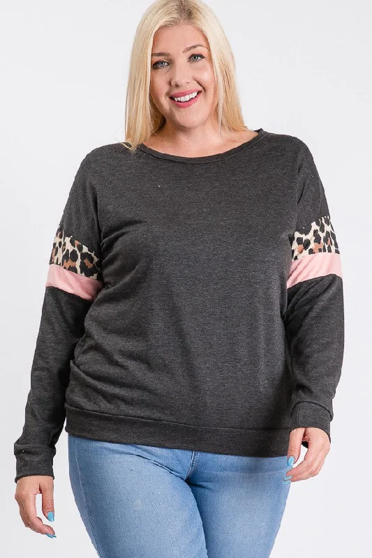 Painted ShirtsGray Shirt Top with Pink Leopard Sleeves