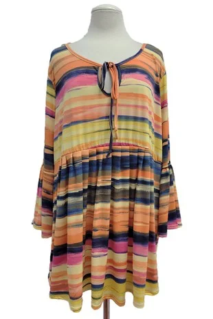 Painted ShirtsStripe Pink Blue Orange Yellow Tie Neck Shirt Top