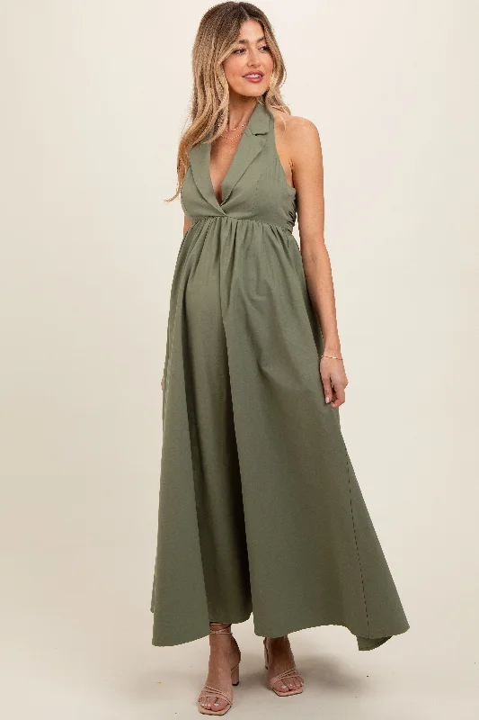 Wind DressLight Olive Collared Halter Back Tie Maternity Maxi Dress