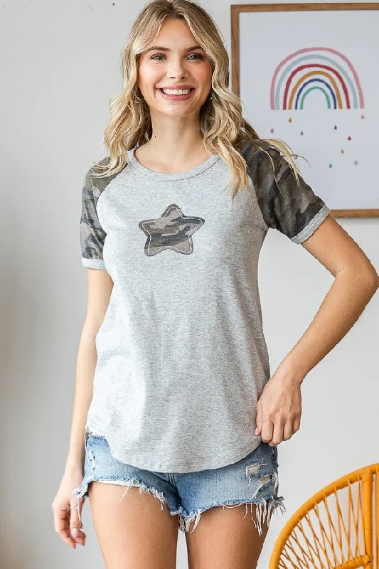 Chambray ShirtsGray Camo Star and Sleeves Shirt Top