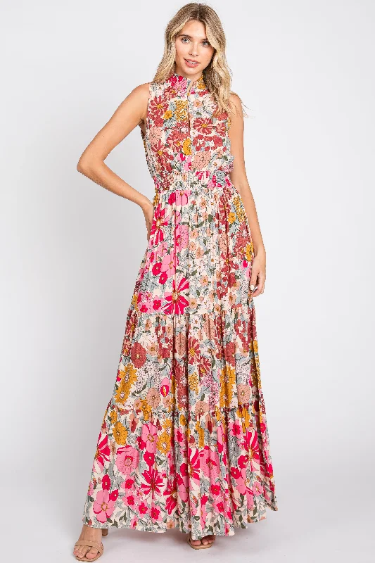 Military DressPink Floral Mock Neck Maxi Dress