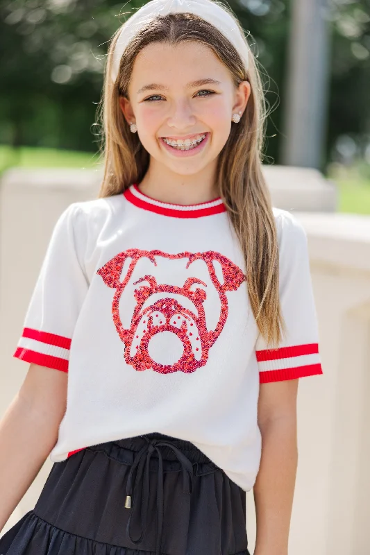 Girls: Stay In Character White/Red Bulldog SweaterLayered Knit Tops