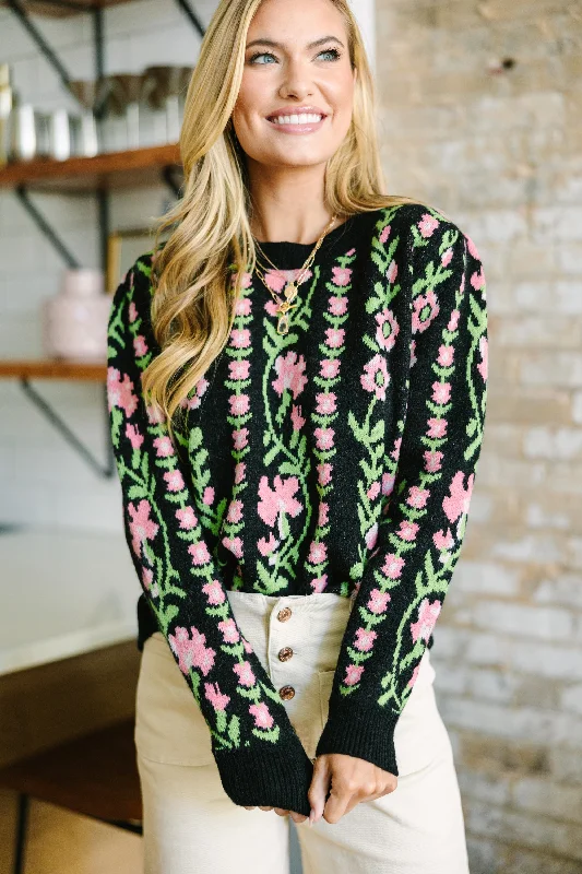 Stil Believe Black Floral SweaterV-Neck Knit Tops