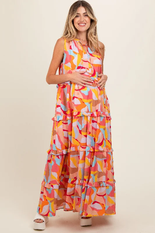 Bodycon DressOrange Abstract Ruffle Tiered Maternity Maxi Dress