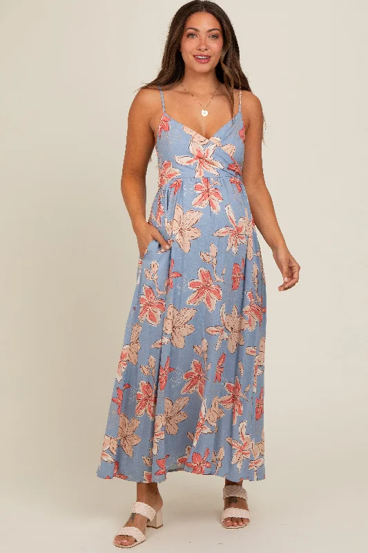 Slit DressBlue Floral Crossover Neckline Maternity Maxi Dress