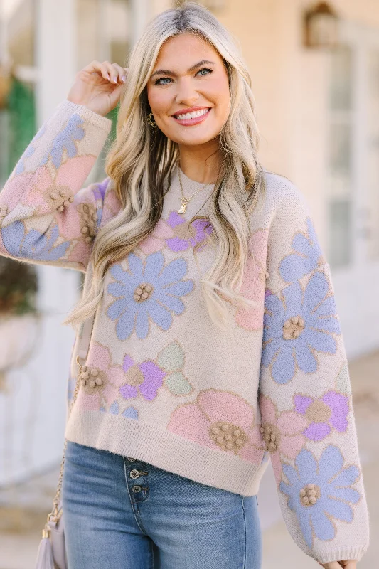 Easy To Love Beige Brown Floral SweaterAsymmetrical Knit Tops