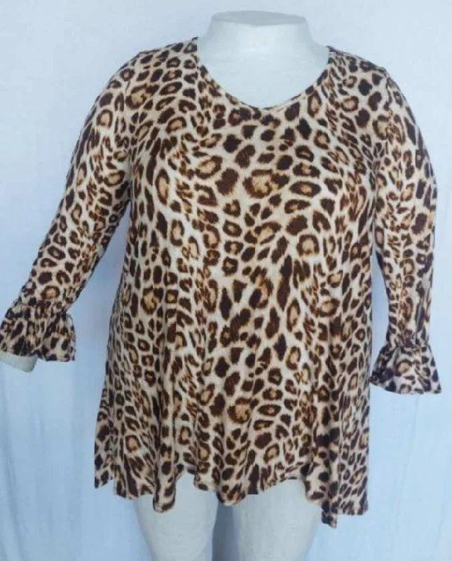 Printed ShirtsPSFU All Leopard Shirt Top with Banded Ruffle Sleeves