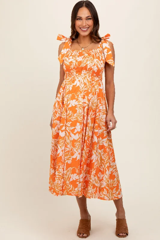 Fleece-lined DressOrange Floral Smocked Tie Shoulder Maternity Midi Dress