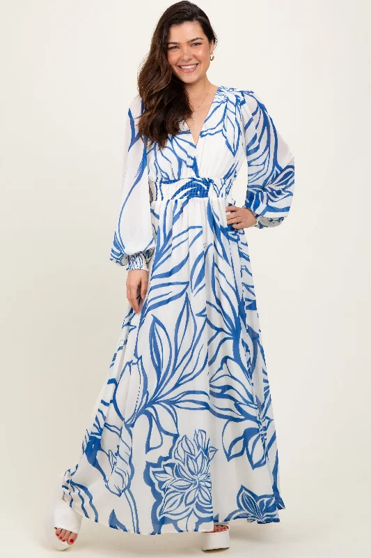 Blue Floral Smocked Waist Long Sleeve Maxi Dress