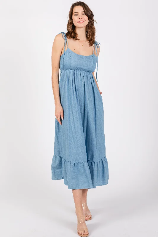 A-line DressBlue Chambray Sleeveless Ruffle Hem Midi Dress