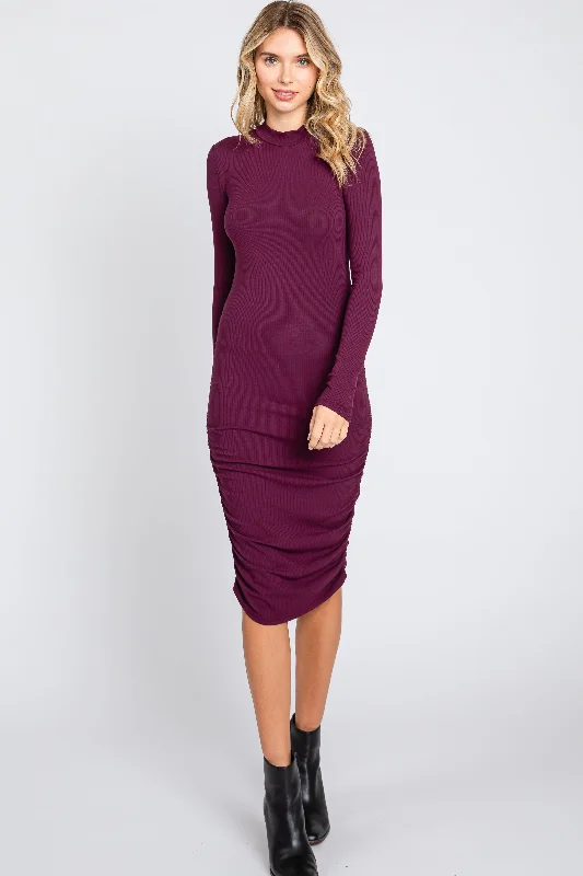 Plum Ribbed Mock Neck Ruched Long Sleeve Dress