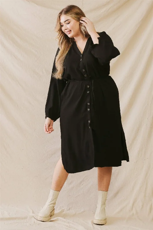 Cap-sleeve DressJunior Plus Black Cotton Button-Up Two Pocket Belted Midi Dress /3-2-1